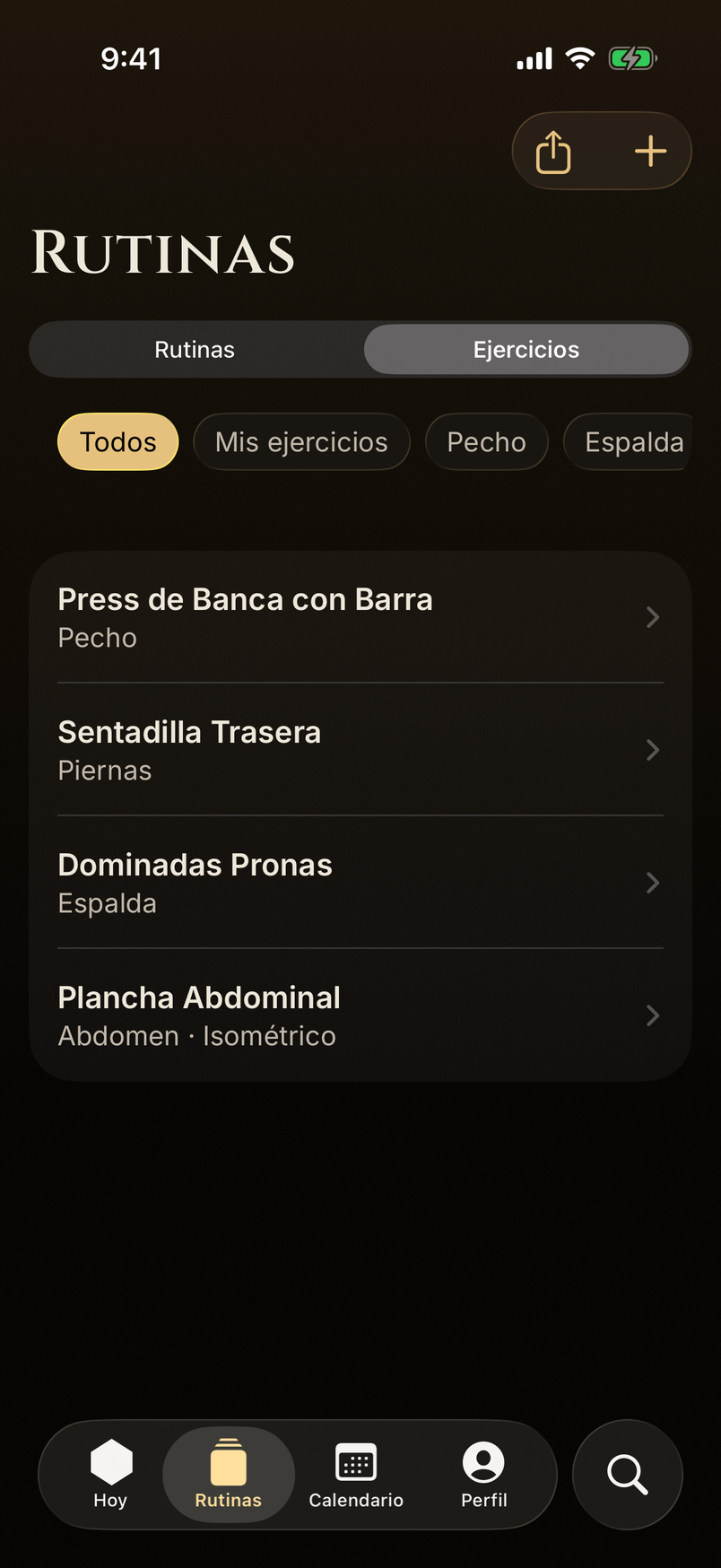 Biblioteca y catálogo de ejercicios con selector de grupo muscular.